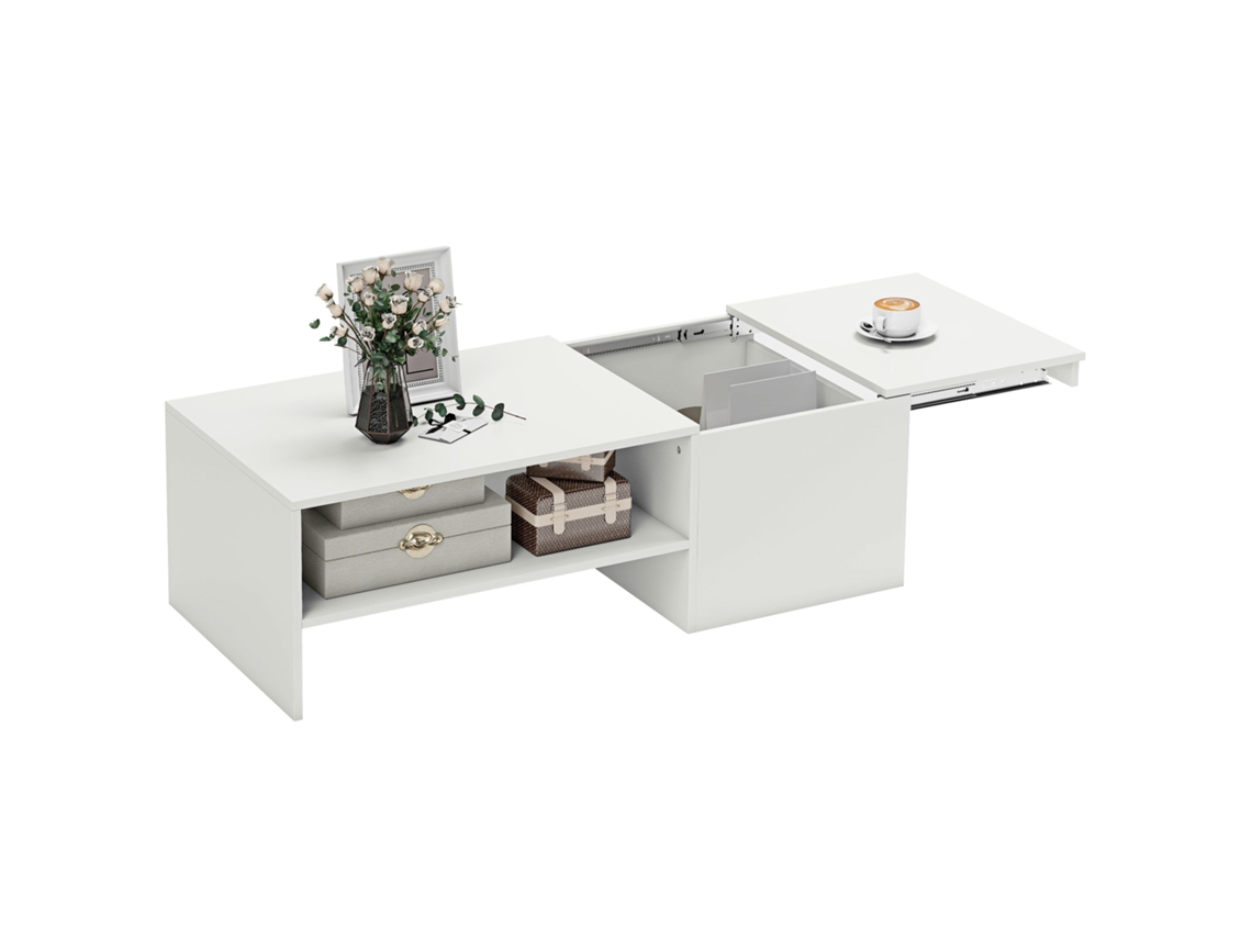Mesa De Centro Ajustable, Rieles Metálicos, Tablero De Aglomerado, Almohadillas En Las Patas, Color Blanco.