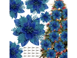 16 adornos navideños artificiales de flor de Pascua azul con clips para árbol y guirnalda