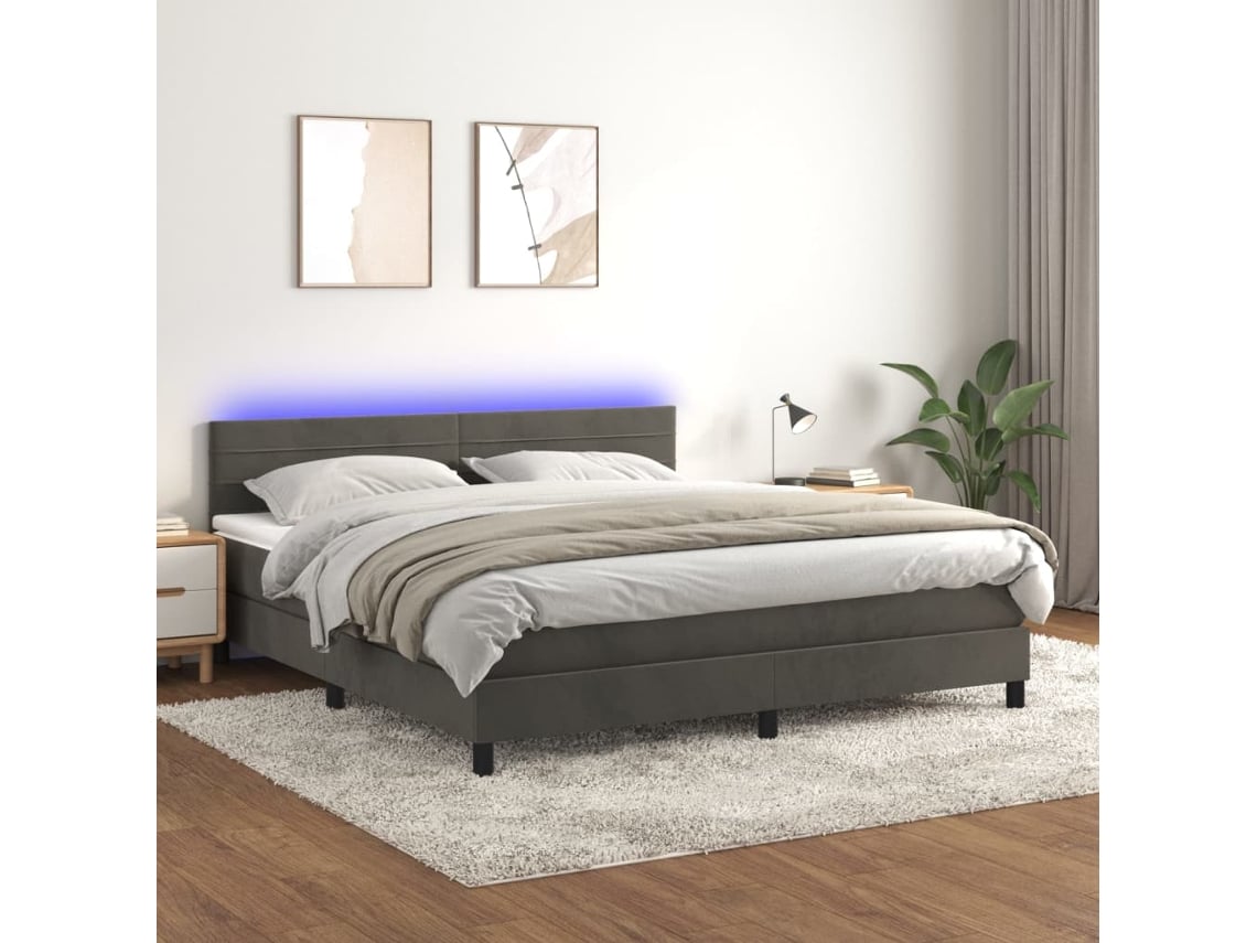 Cama Box Spring Colchón Y Led Terciopelo Gris Oscuro 180x200 Cm