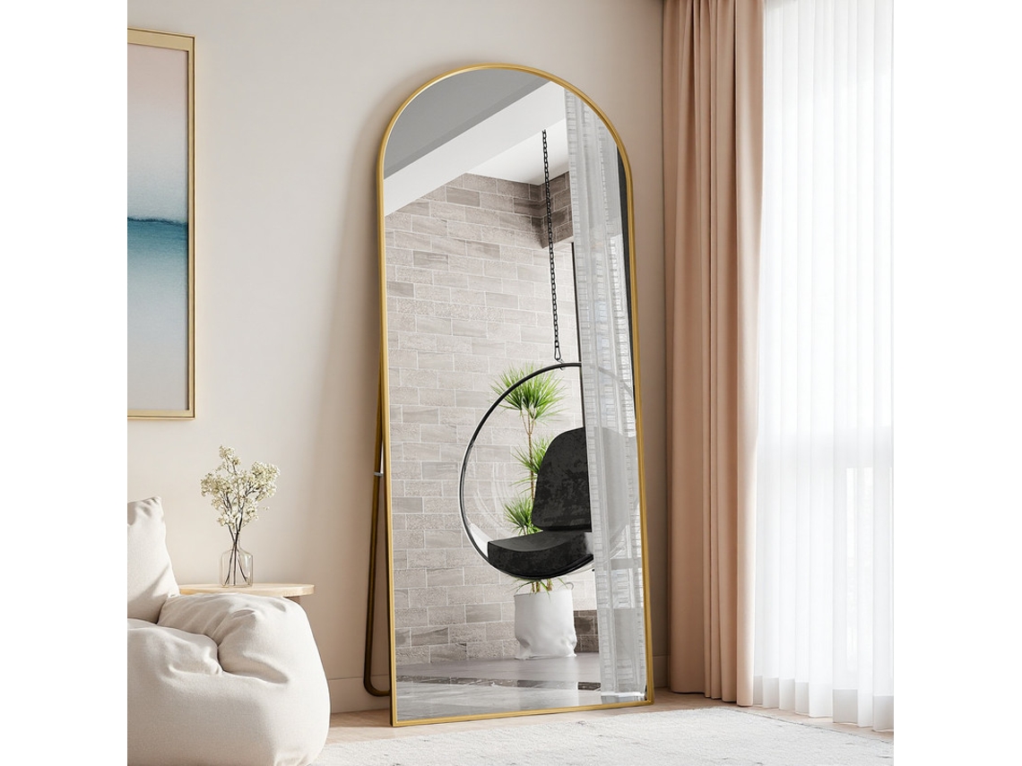 Espejo De Cuerpo Entero Arqueado Grande 180x80cm, Marco Dorado De Aluminio, Espejo De Suelo Y Decorativo, Vidrio Templado Para Vestir Y Maquillaje
