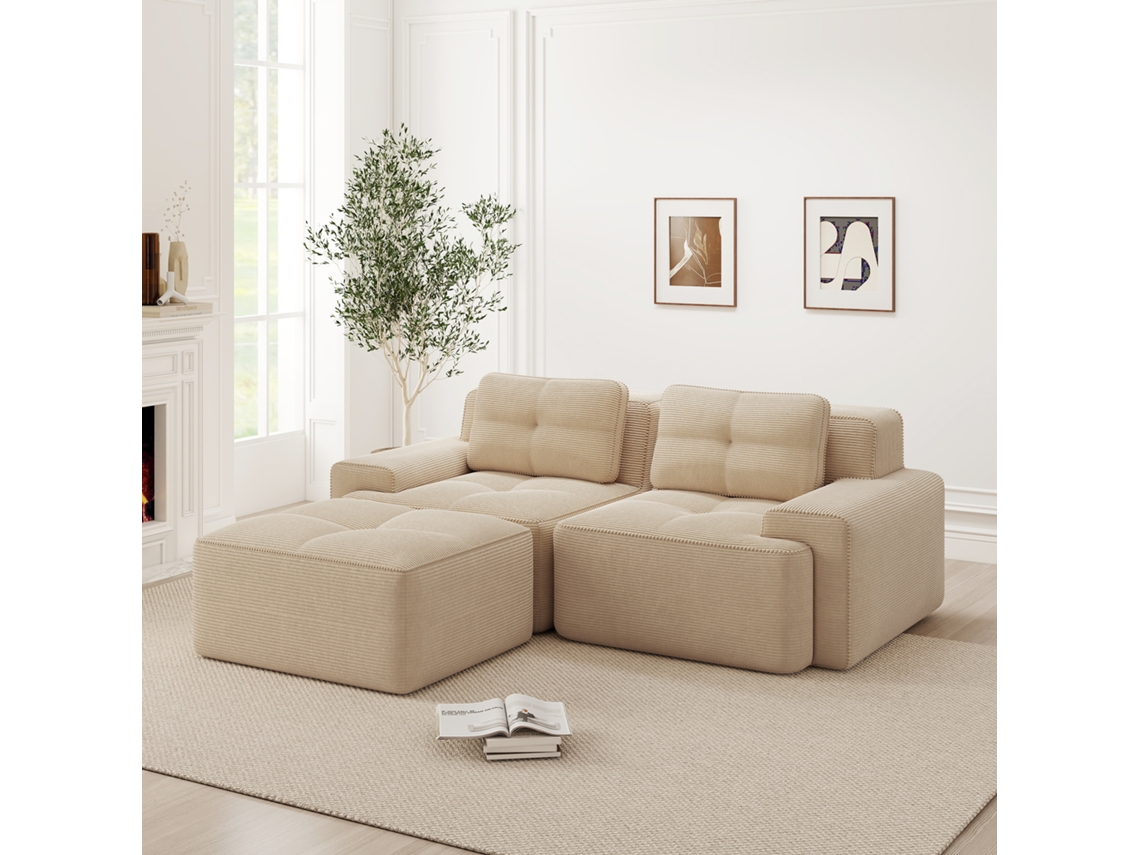 Sofá Modular L 2 Plazas - Corduroy, Asiento Profundo, Con Otomán, Cómodo - Beige