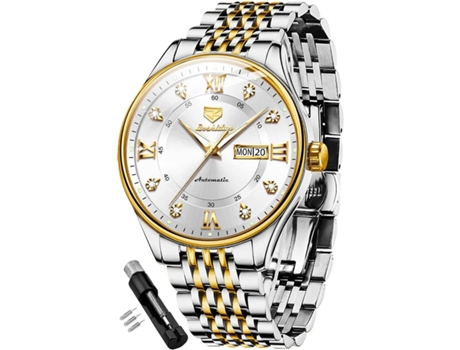 VEANXIN Reloj automático de acero inoxidable resistente al agua con calendario luminoso para hombre(esfera blanca)