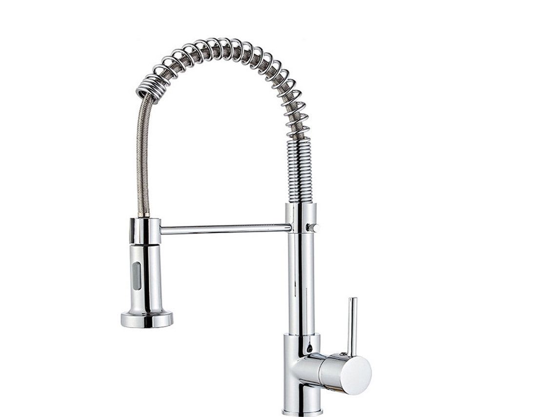 Grifo monomando de cocina con rotación de 360° y dos boquillas extensibles, fabricado en acero inoxidable cromado.
