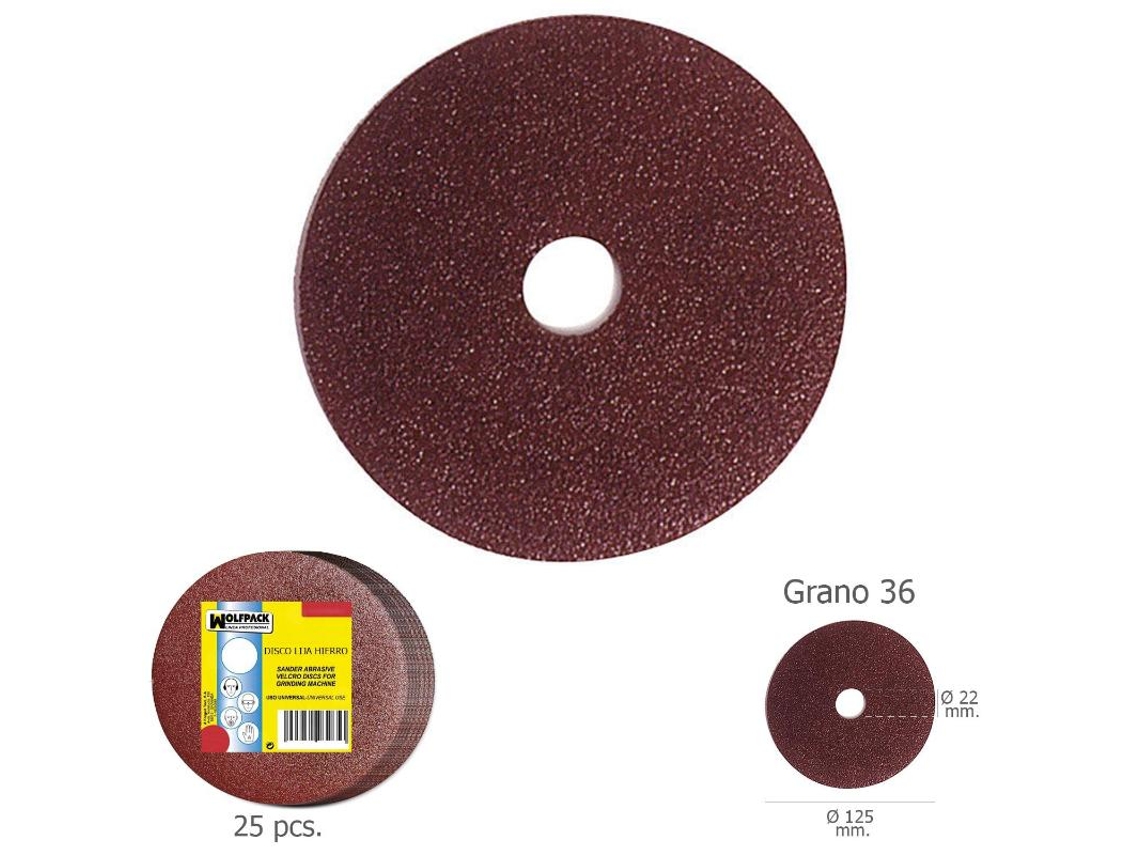 Disco Lija Hierro 125x22 mm Grano 36 (Paquete de 25 unidades) WOLFPACK LINEA PROFESIONAL