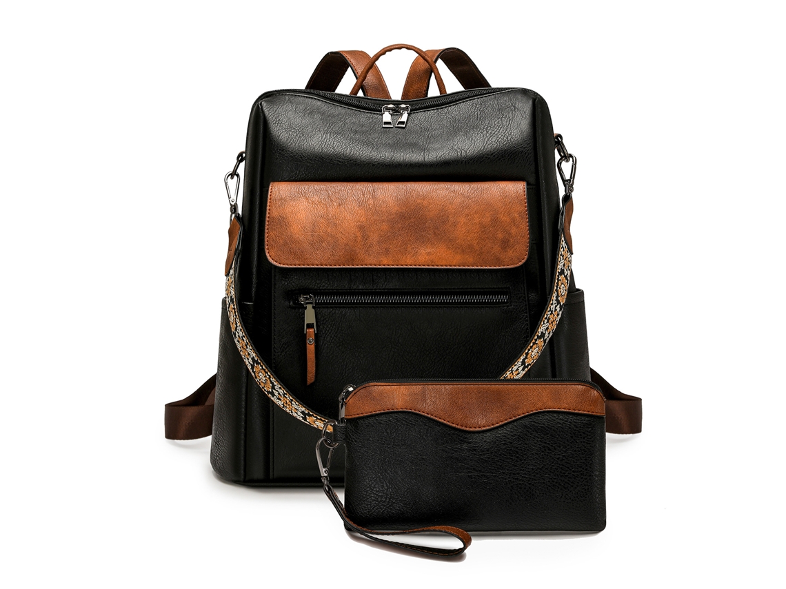 Mochila para mujer con monedero, bolso impermeable de piel sintética en negro y marrón de Hexinyigjly (conjunto de dos piezas)