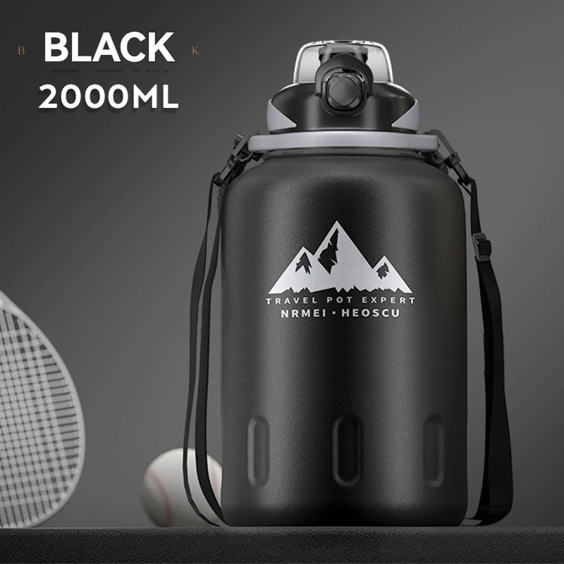 Termo De Acero Inoxidable (negro, 2000 Ml), Apto Para Deportes Al Aire Libre, Con Cuerda Y Pajita.