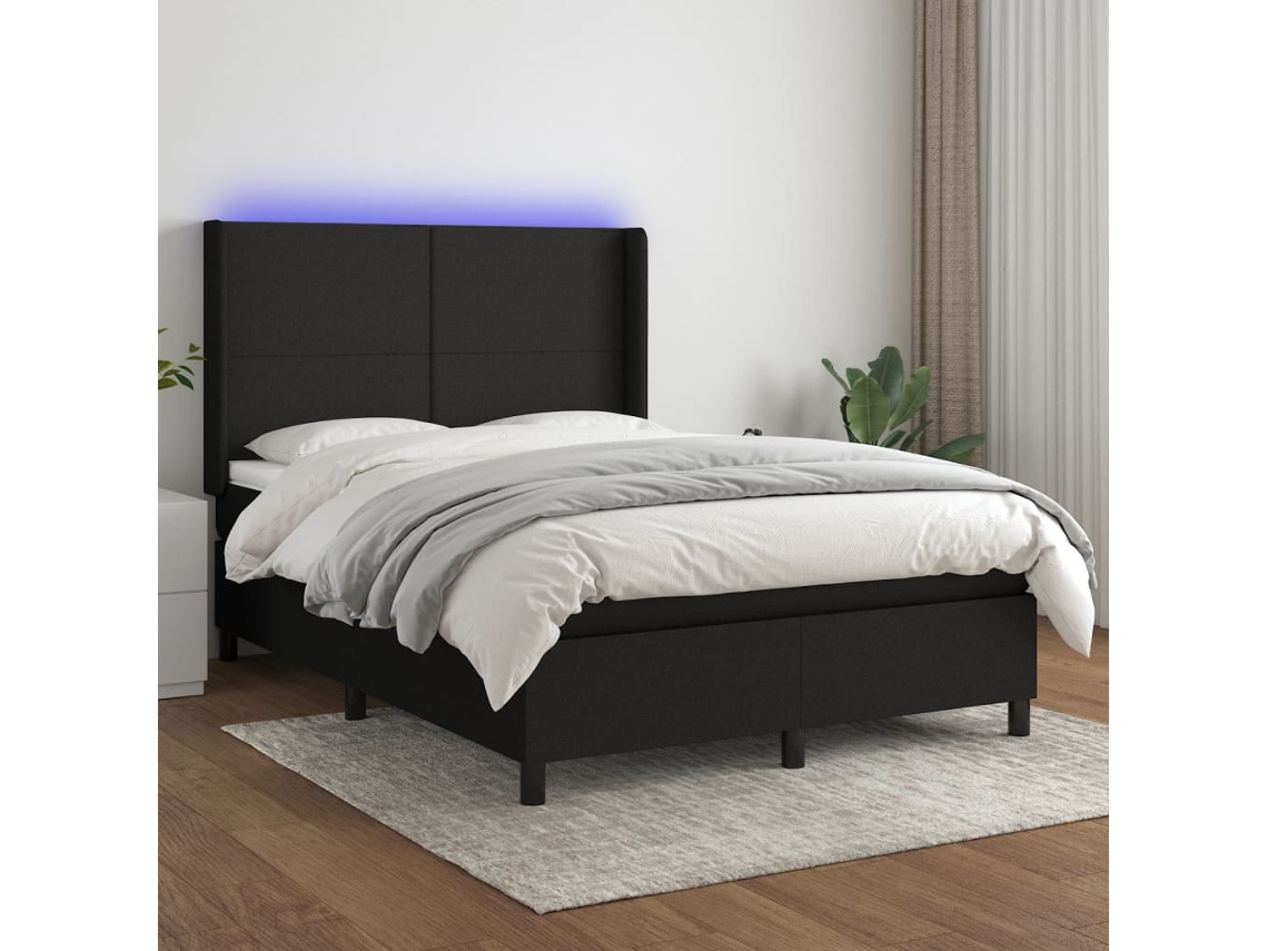 Cama Box Spring Colchón Y Luces Led Tela Negro 140x190 Cm