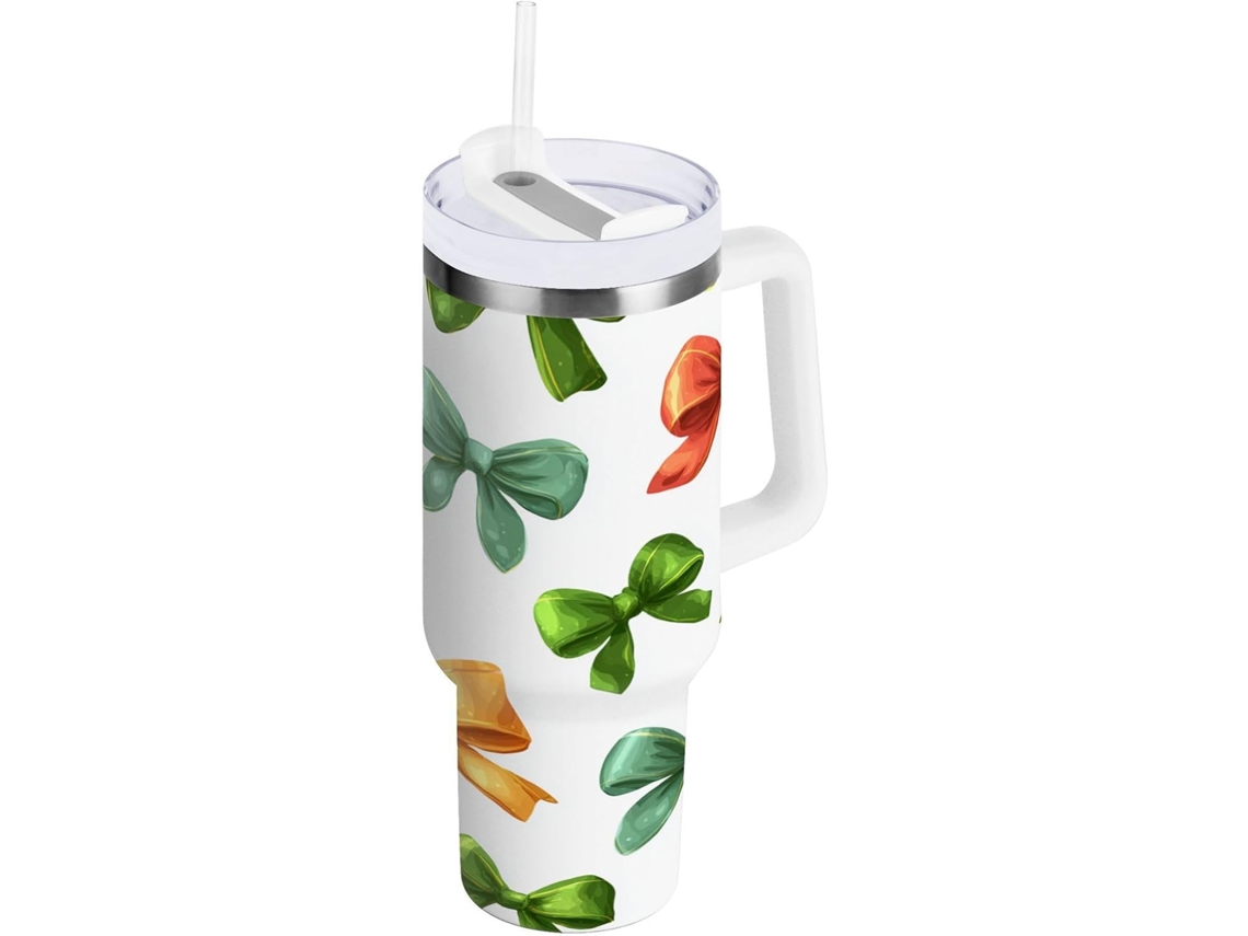Taza térmica Christmas Ribbons de 1200 ml con pajita y tapa de acero inoxidable, pajita y tapa impermeables, sin marca.