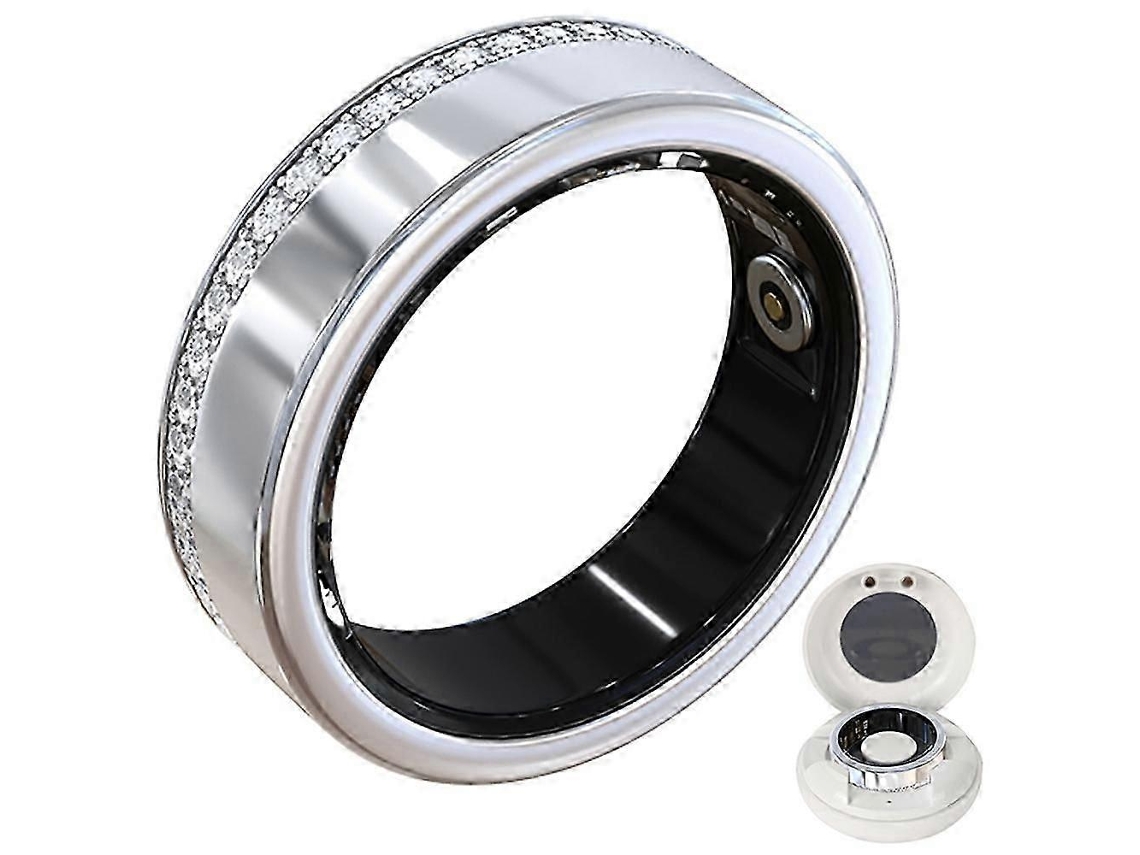 Anillo inteligente V8 con decoración de diamantes de imitación, monitorización del sueño y la frecuencia cardíaca, con estuche de carga plateado, talla 9 Nostalgia88