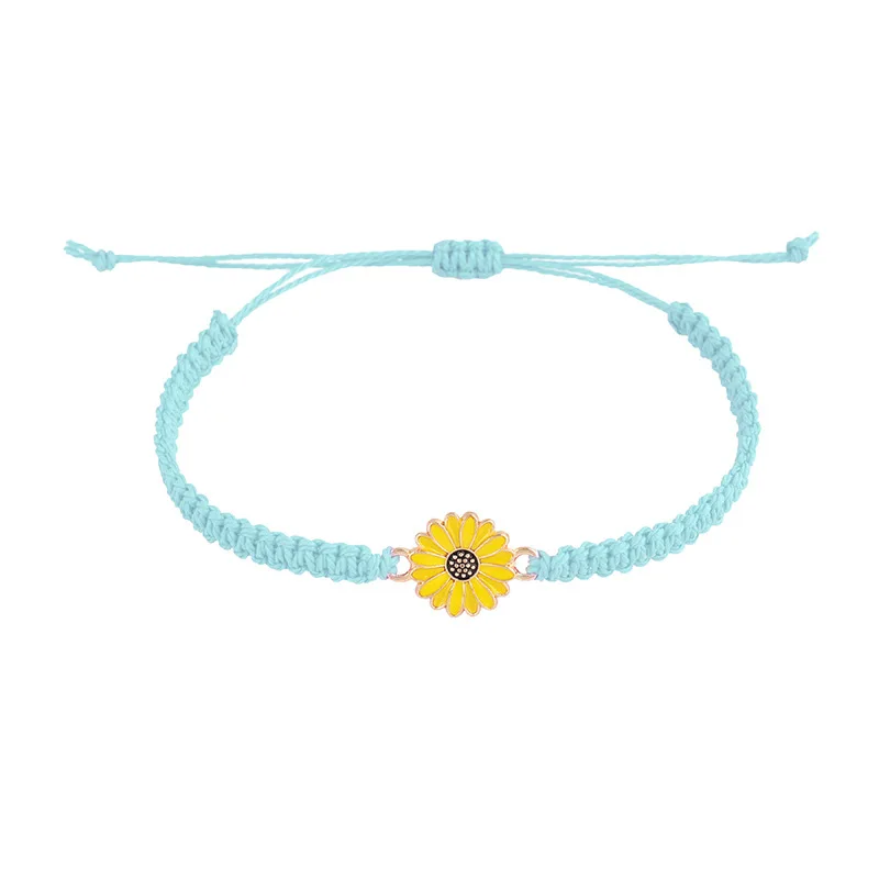 Pulsera De Girasoles Y Margaritas (azul Cielo) A La Moda, Tejida A Mano Con Hilo Encerado. Pulsera De La Suerte.