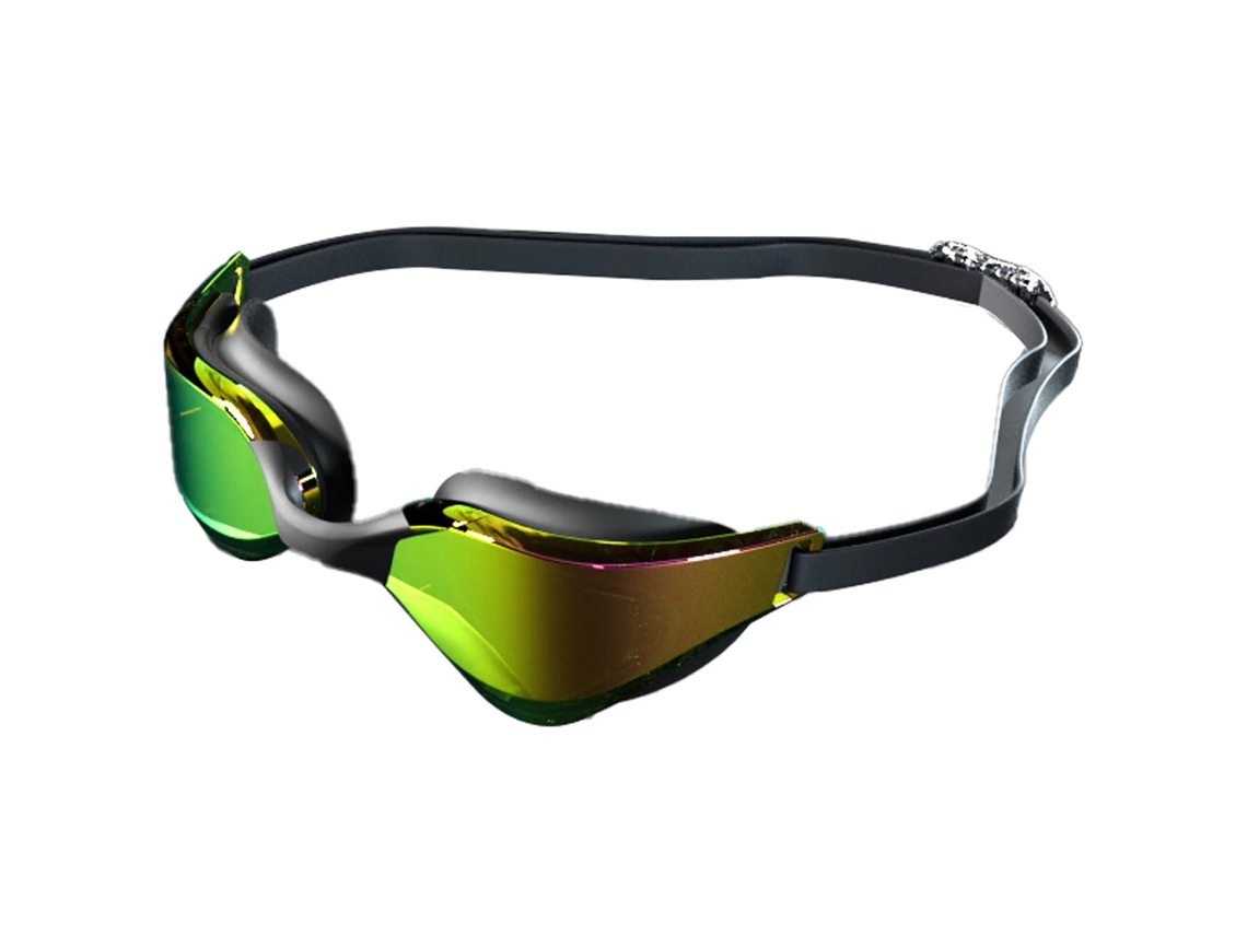 Gafas de natación coloridas para adultos y niños con lentes antivaho y anti-UV en negro y oro puro.