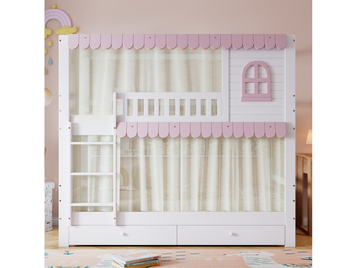 Litera infantil de 90 x 200 cm con ventanas, cortinas, rejas protectoras, estantes abiertos y cajones con ruedas (estilo Pinhomdf blanco y rosa)