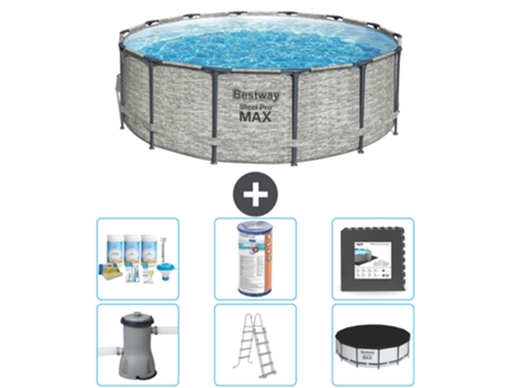 Piscina BESTWAY Round Steel Pro MAX - Estampado Piedra - 427 x 122 cm - Incluye Bomba - Escalera - Cobertor Accesorios CB31