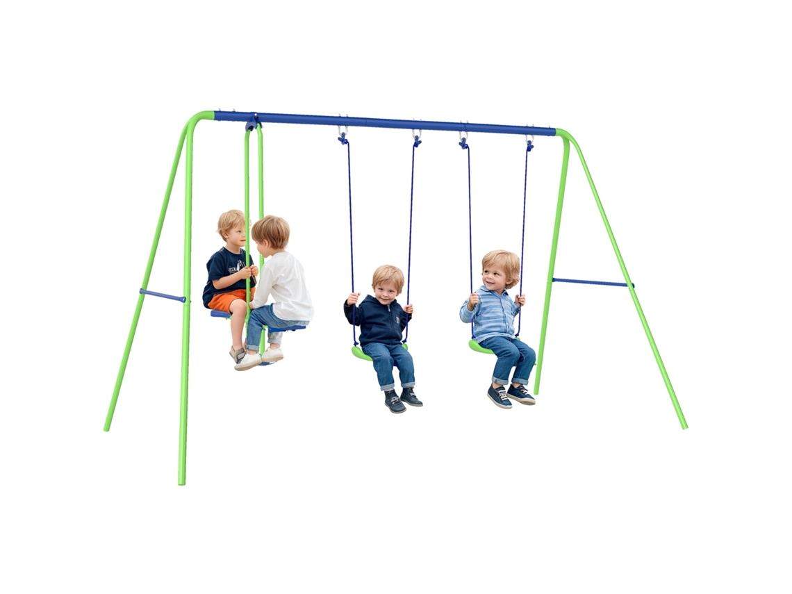 Estructura De Columpio Infantil 3 En 1 Con 1 Columpio Cara A Cara Y 2 Asientos De Balancín En Metal Altura Ajustable Capacidad 180 Kg Verde