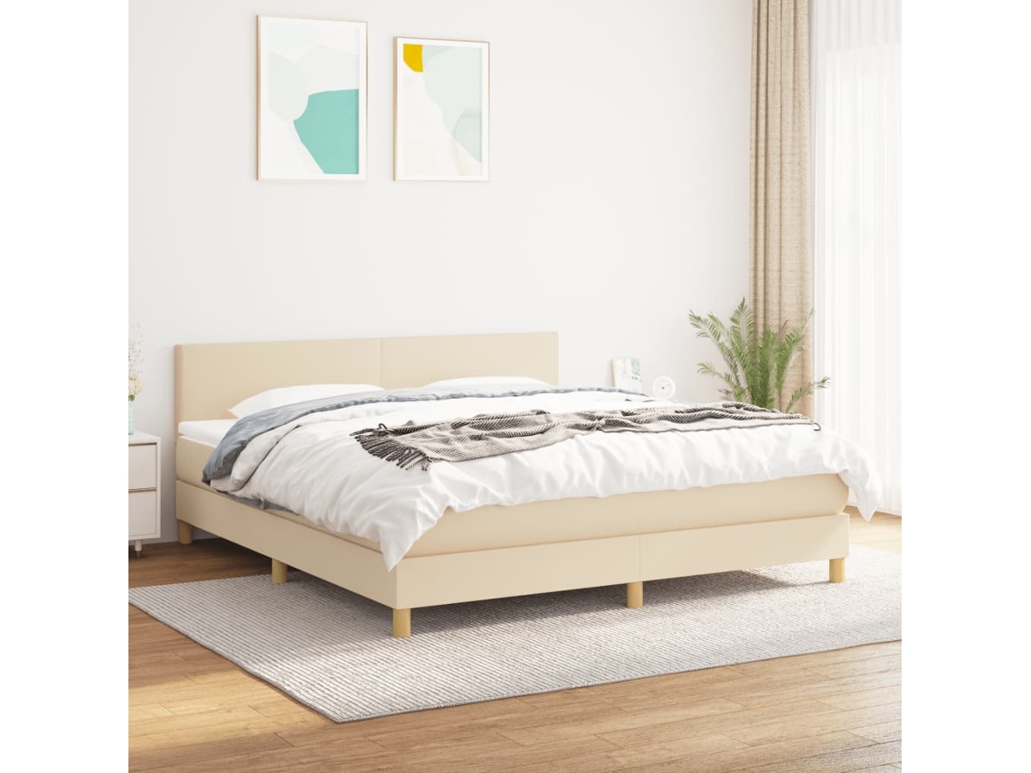 Cama Box Spring Con Colchón Tela Color Crema 180x200 Cm