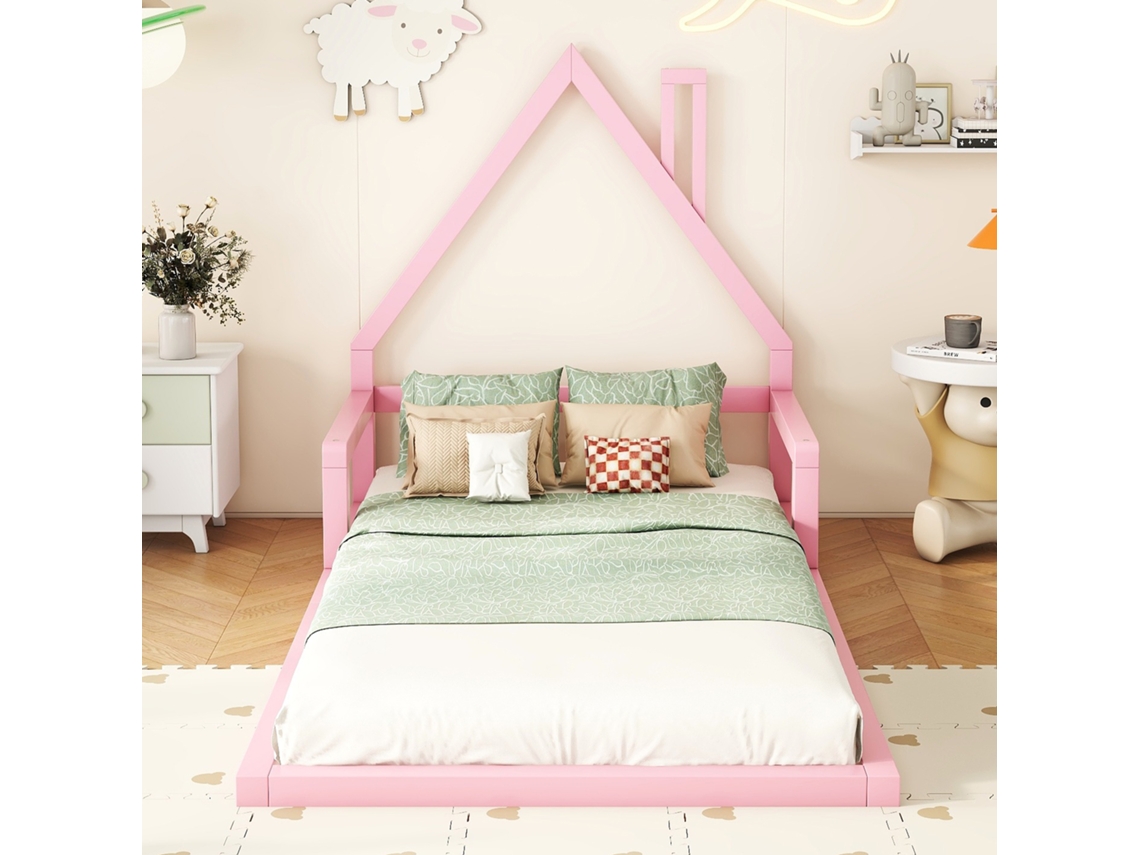 Cama Infantil 90x200 cm en Madera Maciza de Pino Estilo Rosa