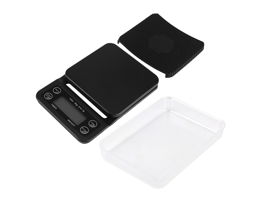 Báscula electrónica digital de cocina para café y alimentos de 3 kg/0,1 g con temporizador y retroiluminación azul violeta.
