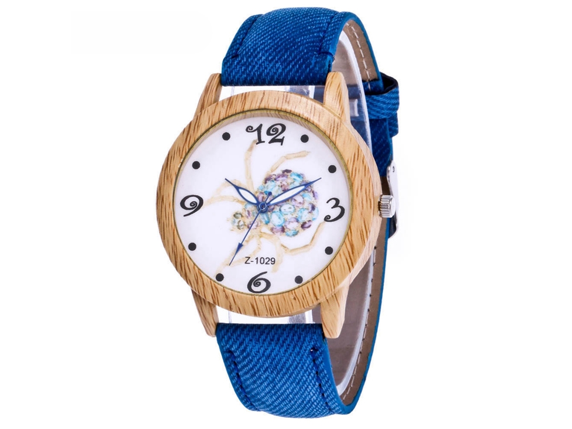 Reloj De Pulsera De Mezclilla Con Correa De Tela Con Estampado De Araña Y Pedrería Azul Marino, Diseño Casual Y Moderno.