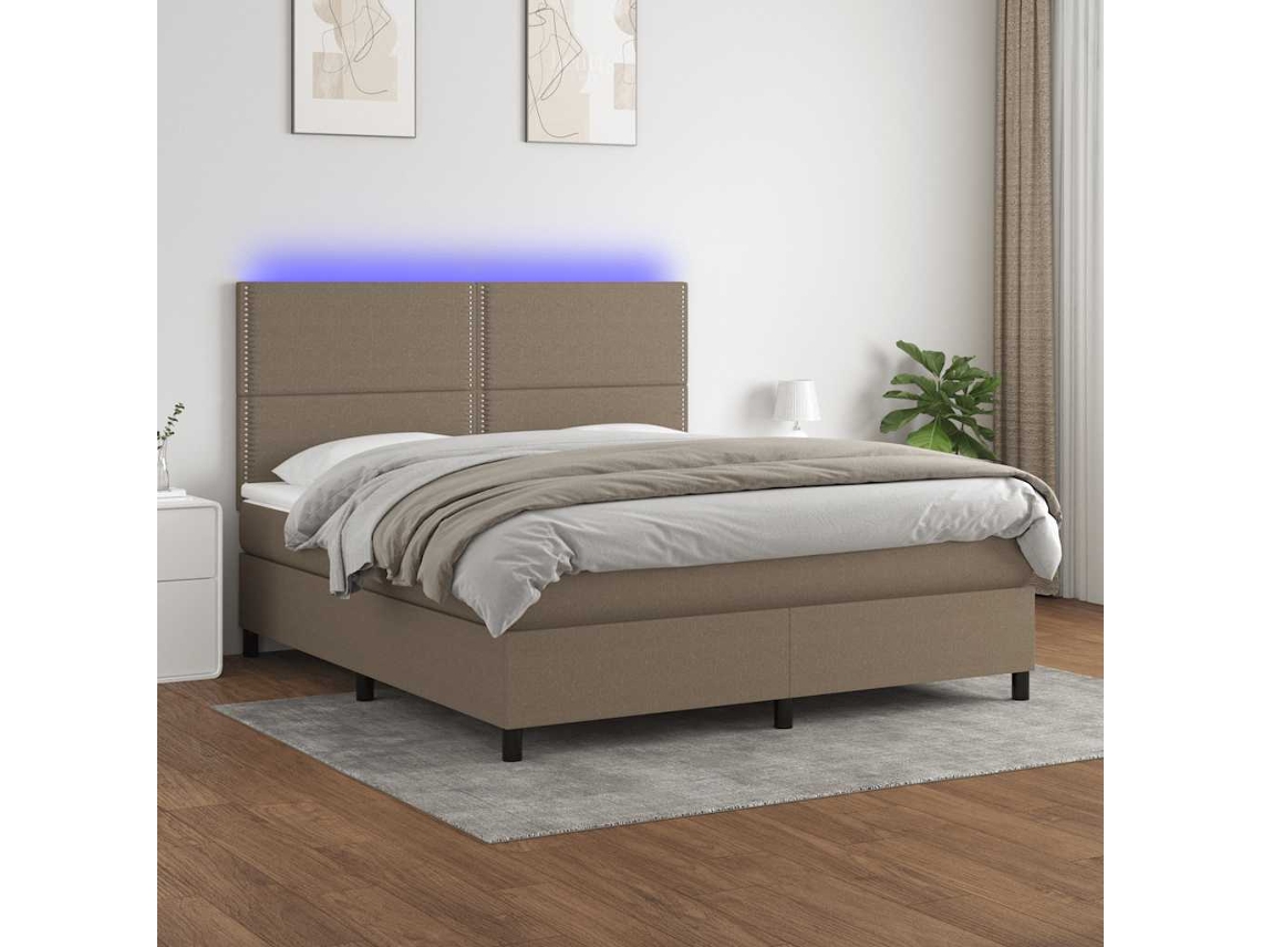 Cama Box Spring Colchón Y Luces Led Tela Gris Taupe 180x200 Cm