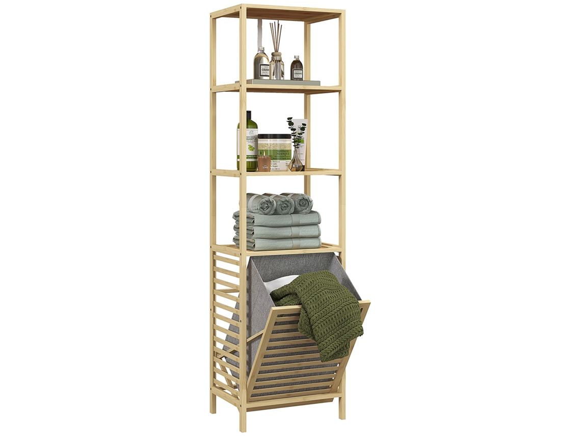 Estantería de baño con cesta para la ropa sucia, 3 niveles, bambú, 44x33x160cm, natural