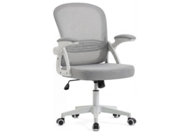 Silla de oficina ergonómica con respaldo ajustable entre 90 y 110° y brazos plegables (90°), con ruedas y regulación de altura. Color gris.