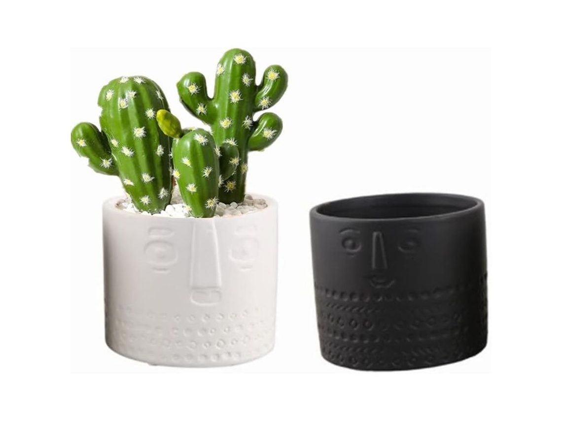 Conjunto de 2 copos para suculentas em cerâmica Design Rosto Branco+preto Quarto/buro