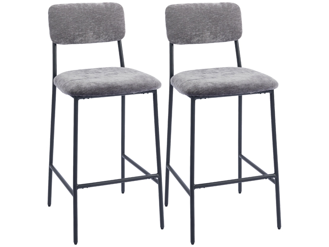 Juego De 2 Taburetes Altos De Bar Tapizados En Tela Gris Acero.