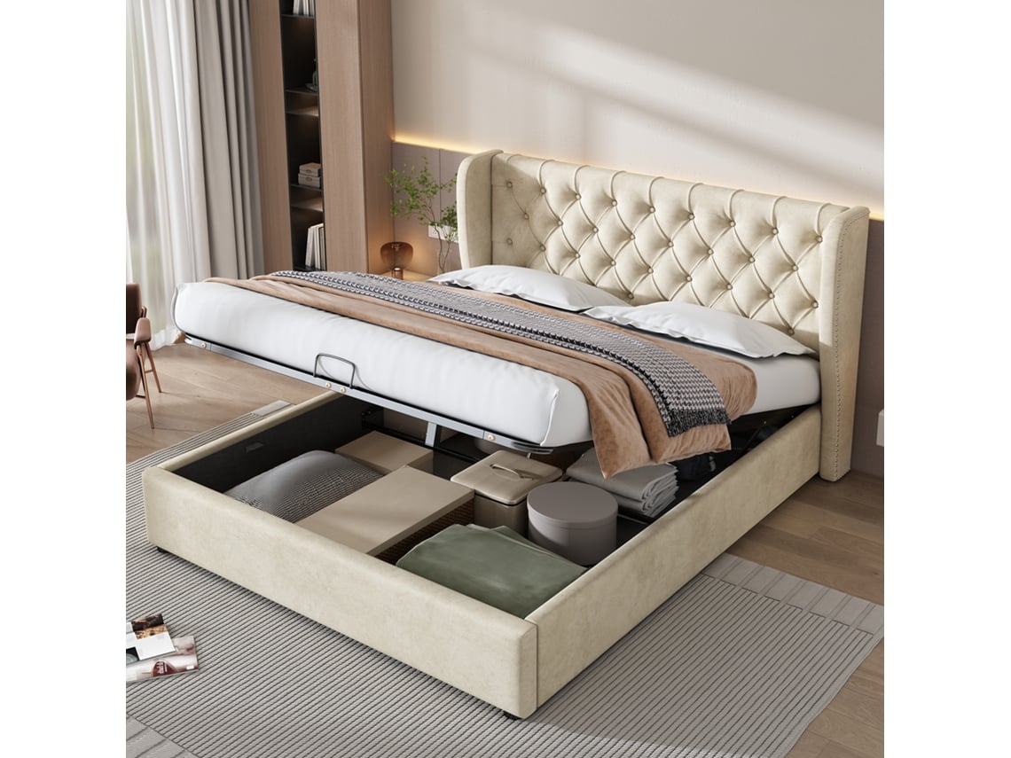 Cama Tapizada En Terciopelo Beige, De 140x190 Cm, Con Cabecero Con Alas Laterales, Compartimento De Almacenamiento Hidráulico Y Somier De Láminas.