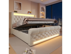 Cama Moderna De 160 X 200 Cm Con Led, Cabecero, Almacenaje Con Usb Y Tipo C, Cama Hidráulica, Beige, Terciopelo (sin Colchón)
