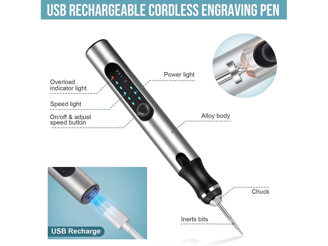 Kit De Pluma De Grabado Fácil De Usar, Herramienta De Tallado Eléctrica Inalámbrica Con Luces Indicadoras Y Carga Usb, Máquina De 3 Velocidades Ajusta