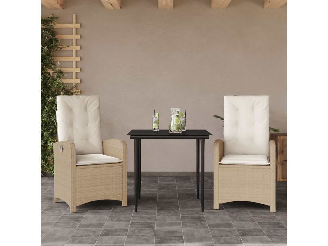 Juego de comedor de jardín de 3 piezas con cojines, mimbre sintético beige, Dkd Home Decor
