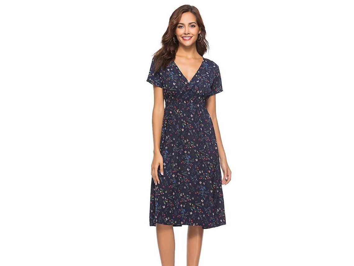 2026-vestido Midi De Chiffon Boho Con Estampado Floral Cuello V Corto Manga Corta Verano Playa