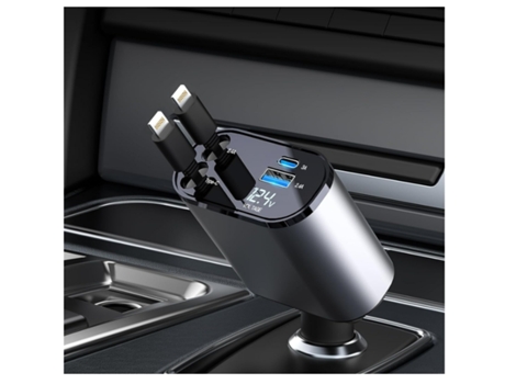 Cargador retráctil rápido para teléfono de coche, 60W, 2 cables de cargador retráctiles para Iphone y adaptador de 2 puertos USB