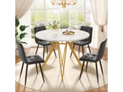 Conjunto Mesa Y Sillas 5 Piezas - Mesa Redonda 100 Cm, Patas Metálicas Doradas, Silla Gris