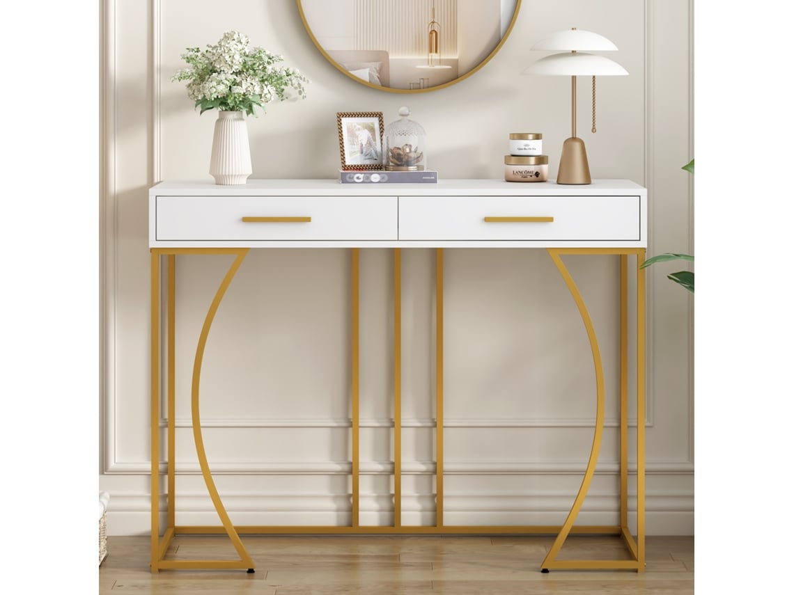 Consola con 2 cajones, estilo moderno, color blanco y dorado.