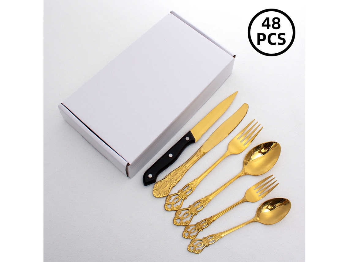 Vajilla dorada MDUG de 48 piezas con cubiertos y cucharas de acero inoxidable con diseño en relieve