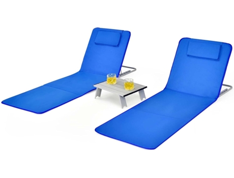 Set de 2 Esterillas de Playa con Respaldo Plegable y 1 Mesita, Set Tumbonas Regulables, Sillas Regulables Portátiles para Playa Patio Camping COSTWAY