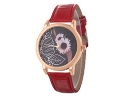 Reloj De Pulsera Unisex De Cuarzo Zhoulianfa Con Correa De Cuero Sintético Y Estampado Floral Rojo.
