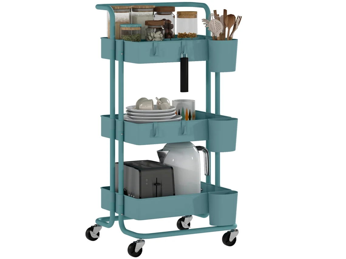 Carrito De Servicio De 3 Niveles Con 4 Ganchos Y 3 Cajas Colgantes Extraíbles, 42 X 38 X 86,5 Cm, Azul Verdoso