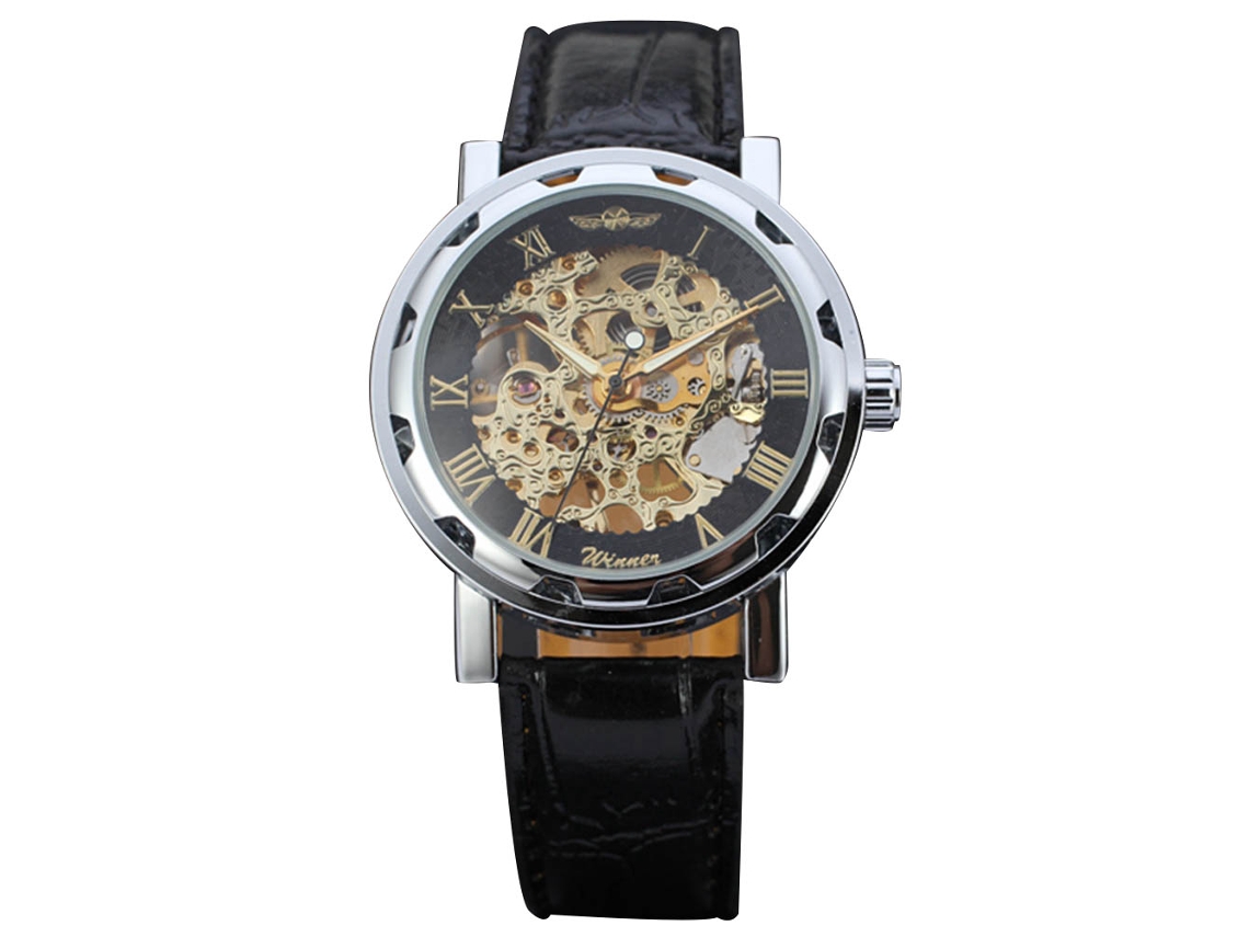 Reloj Mecánico Para Hombre, Resistente Al Agua Hasta 30 M, Winner Business, Negro Y Dorado.