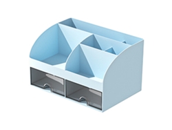 Caja Organizadora De Escritorio Multifuncional Con Cajón Transparente Y Soporte Para Bolígrafos, Lápices Y Tarjetas - Azul
