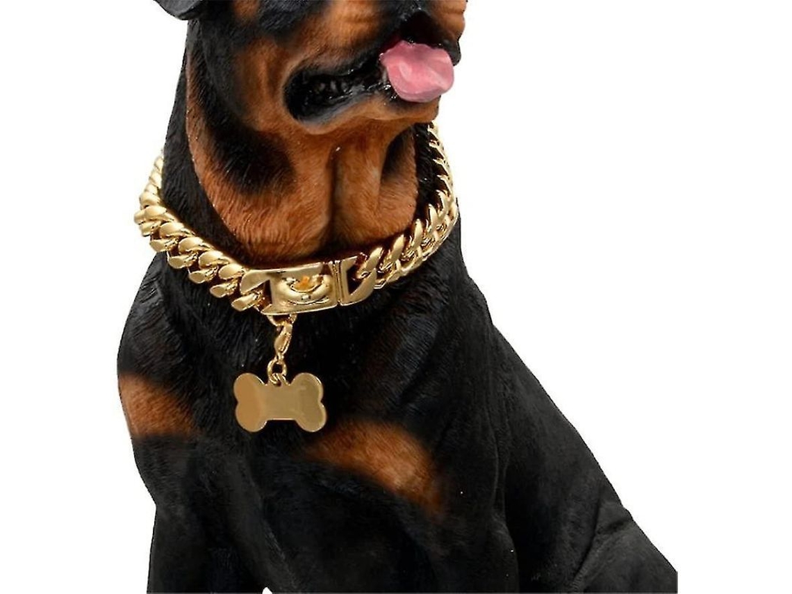 2026-collar De Perro Cadena Cubana Dorada Resistente, Acero Inoxidable, Hebilla Segura Y Placa De Identificación Hueso, 22 Pulgadas