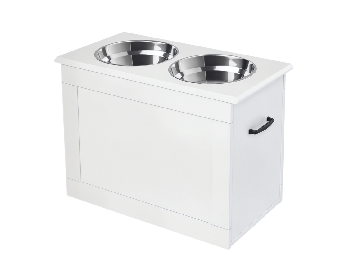 Comedero Elevado Blanco Para Perros Y Gatos Con Almacenamiento, 2 Cuencos Inox De 2000 Ml, Estación De Alimentación Y Bebedero.