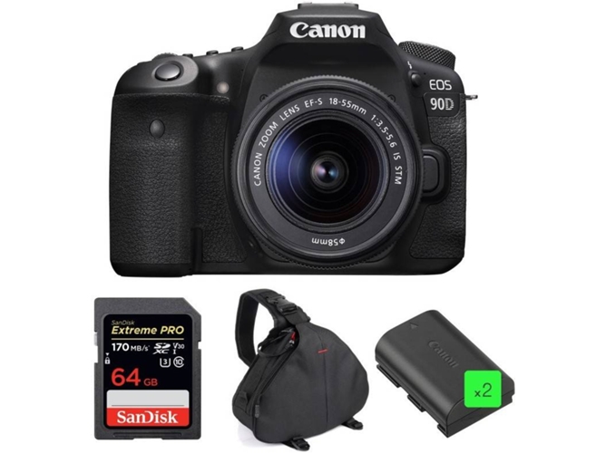 Kit Cámara Réflex CANON EOS 90D + 18-55mm IS STM + SanDisk 64GB + 2 LP-E6N + Bolsa