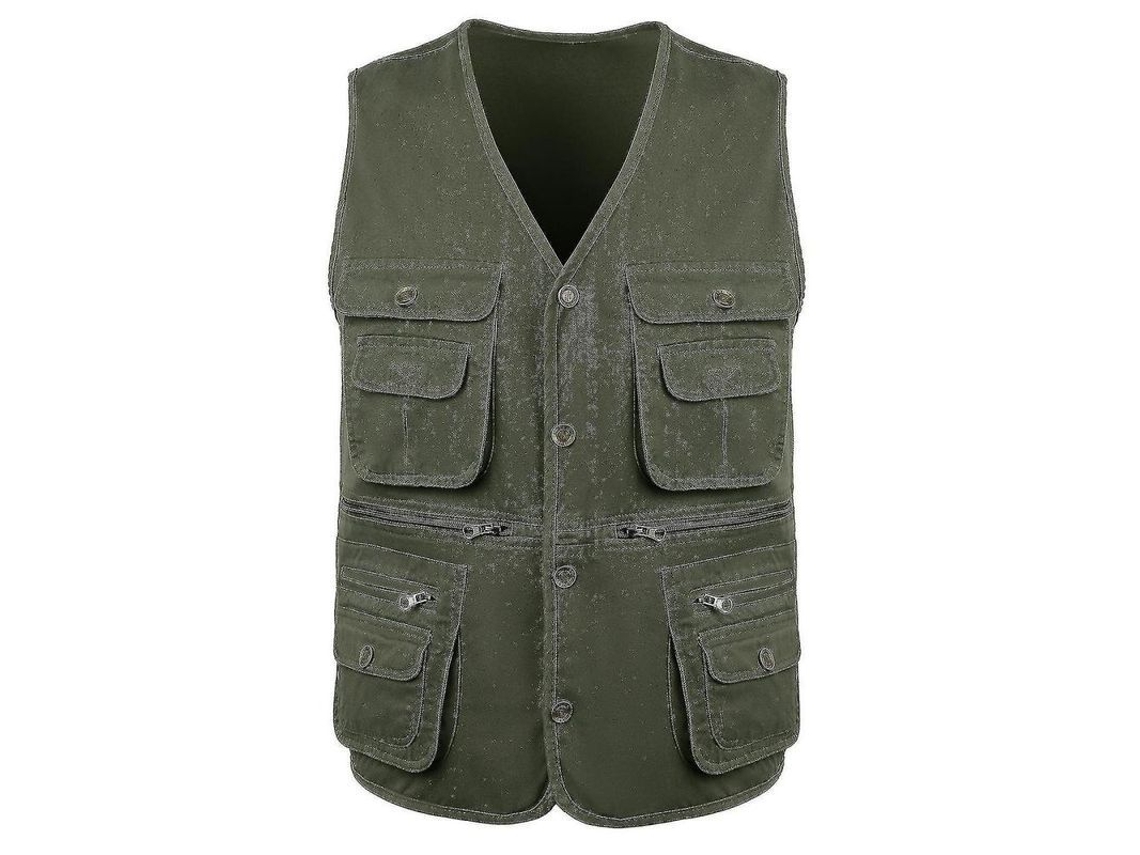 Colete masculino leve para atividades ao ar livre, com zíper e vários bolsos, tamanho 2XL, verde militar, modelo 2026.