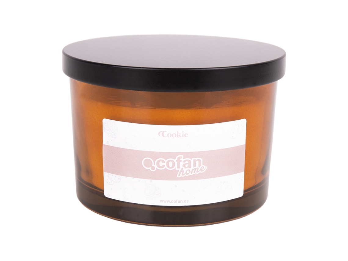 Vela perfumada de larga duración "Cofan Cookie" | 3 mechas | Cera de soja | Aroma a canela napolitana | Tarro de cristal ámbar
