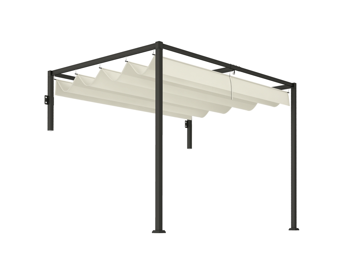 Pared De Pérgola De 3x2 M Con Techo Retráctil De Poliéster Color Crema.