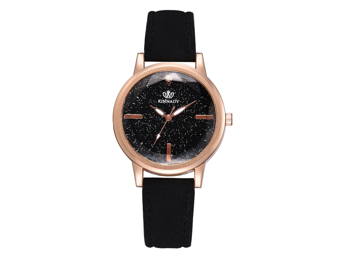 Reloj De Pulsera Para Mujer, Estilo Elegante, Esfera Redonda Con Estrellas, Piel Sintética, Movimiento De Cuarzo, Color Negro.