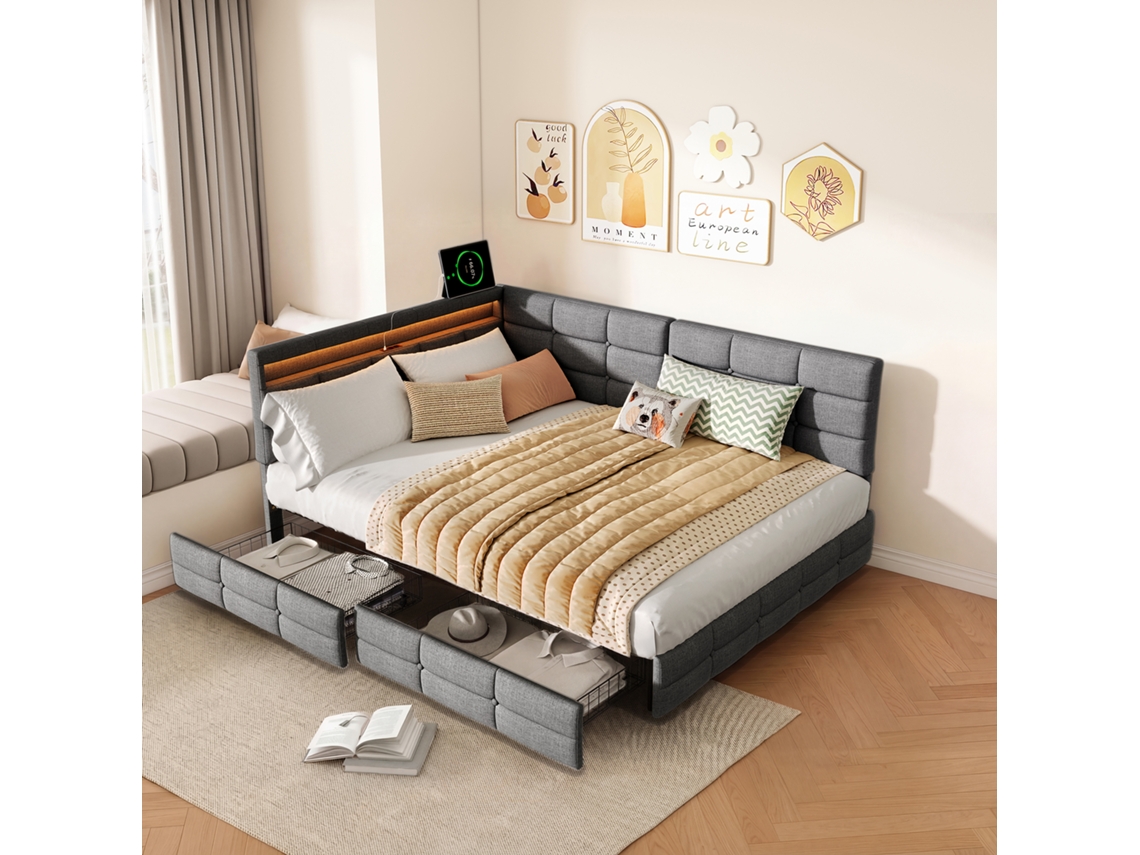 Sofá Cama Tapizado Con Iluminación Led, Puertos De Carga Usb Y 2 Cajones, 140x190cm, Cabecero Ajustable,tela Linen Fabric,gris,sin Colchón