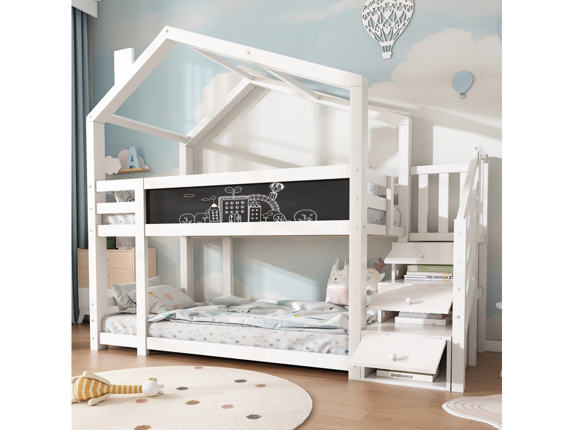 Cama Alta Infantil De 90x200 Cm Con Sistema De Seguridad Tipo Chimenea, Madera Blanca, Colchón No Incluido.